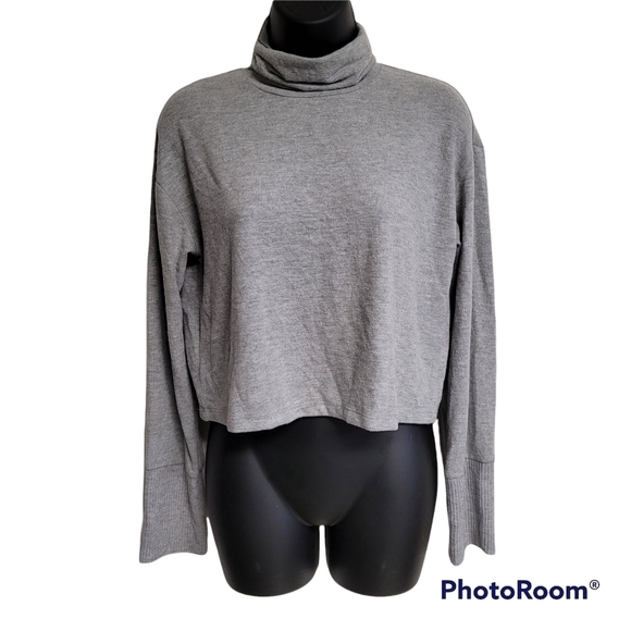Project Social T Grey Drop Shoulder Ribbed Cuff Long Sleeve Crop Turtleneck Top - Picture 8 of 8